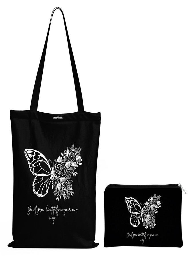 TrendoPrint Eco-Friendly Printed Black Tote Bag 14 x 16 inch with Makeup Pouch for College, Shopping and Travelling (TB154) - Image 1